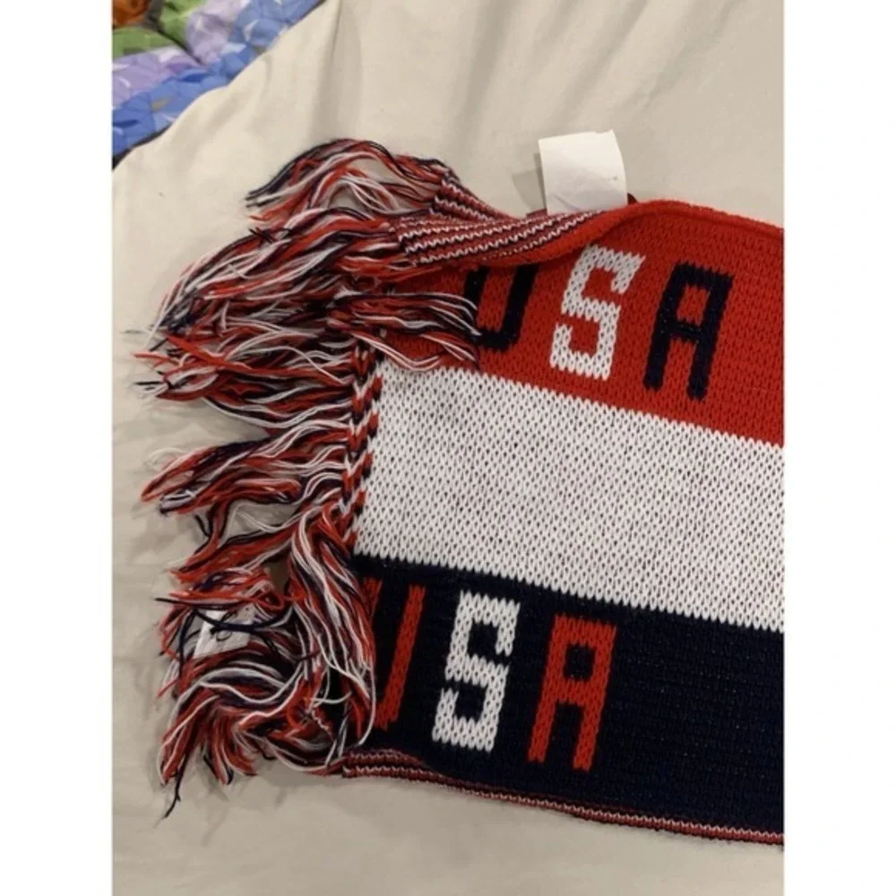Vintage USA Knit‎ Scarf 7ft Patriotic Red White Blue Knitmakers Made in USA